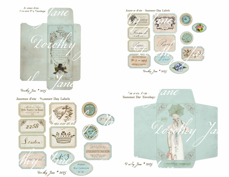 May include: A selection of vintage-style paper ephemera, including labels, envelopes, and decorative elements. The designs feature soft pastel colours, floral motifs, and French text. The overall aesthetic is reminiscent of antique stationery.