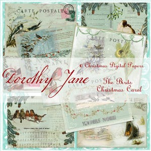 May include: A collection of vintage Christmas digital papers with bird illustrations, winter landscapes, and botanical details. The papers display text including "Carte Postale," "The First Snow," and "Merry Christmas." The name "Dorothy Jane" is also present.