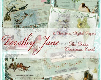 Könnte beinhalten: Eine Collage aus digitalen Weihnachtspapieren im Vintage-Stil mit Vögeln, Winterszenen und botanischen Elementen. Die Papiere enthalten Texte wie "Carte Postale", "The First Snow" und "Merry Christmas". Der Titel "Dorothy Jane" ist ebenfalls sichtbar.