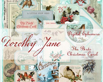 Könnte beinhalten: Eine Sammlung digitaler Ephemera im Vintage-Stil mit Illustrationen von Vögeln, Stechpalmen und Winterszenen. Die Designs enthalten Texte wie "The Birds Christmas Carol", "A Little Snow Bird" und "25th". Die Farbpalette ist weich, mit Blau-, Beige- und Rottönen.