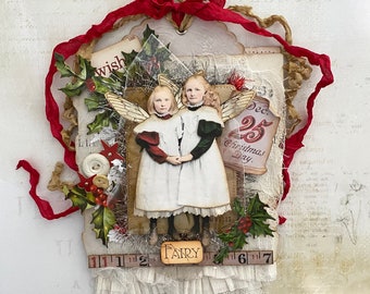 Christmas Fairy Child Assemblage, Miniature Collage, Two Holiday Girl Fairies,  Mixed Media Art Collage, Fantasy Fairy Artwork,