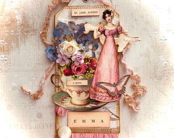 Collage Art Tag, Regency Fashion Plate, Emma by Jane Austen Assemblage Gift Tag, Cottage Chic Mixed Media Collector Tag, One of a Kind Tag