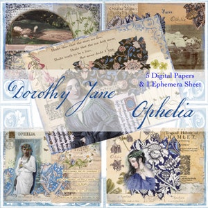 May include: A digital collage sheet featuring a blue and white floral pattern with a quote from Shakespeare's Hamlet. The sheet includes the text "Doubt thou that the stars are fire; Doubt that the sun doth move; Doubt truth to be a liar; But never doubt I love." and the title "Dorothy Jane Ophelia".