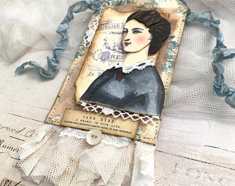 Collage Art Tag, Jane Eyre Tag, Assemblage Art Gift Tag, Cottage Chic Memory Tag, Mixed Media Collector Tag, One of a Kind Gift Tag,