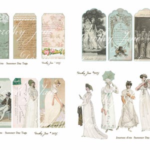 May include: A selection of vintage paper tags and paper dolls. The tags display floral, script, and illustration designs in soft pastel shades. The paper dolls portray women in elegant gowns. Text includes "Dorothy", "Journee d'ete", and "Sunday June 2025".