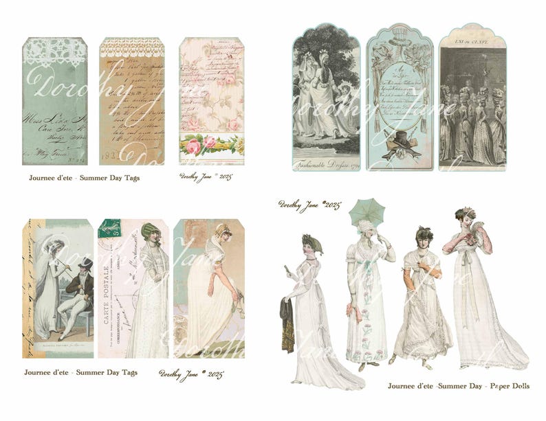 May include: A selection of vintage paper tags and paper dolls. The tags display floral, script, and illustration designs in soft pastel shades. The paper dolls portray women in elegant gowns. Text includes "Dorothy", "Journee d'ete", and "Sunday June 2025".