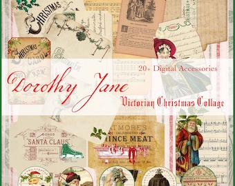 May include: A digital collage of Victorian Christmas images, including a Christmas carol sheet, a Santa Claus illustration, and a vintage advertisement for mincemeat. The collage is titled "Dorothy Jane Victorian Christmas Collage" and includes the text "20+ Digital Accessories".