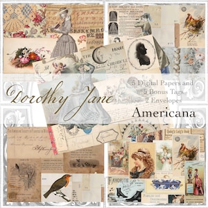 Junk Journal, Papiers numériques, Americana, Ephémère, Mode, Cartes commerciales, Enveloppe, Tags