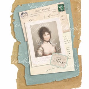 May include: A vintage collage with a portrait of a woman, postcards, and aged paper. The image includes the text "Collage Stack - Summer day" and "Paris". The color palette consists of beige, blue, and brown tones, creating a nostalgic aesthetic.