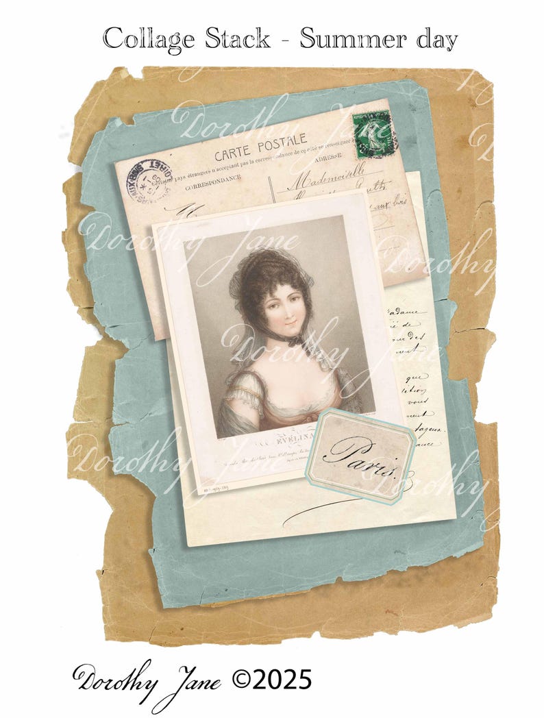 May include: A vintage collage with a portrait of a woman, postcards, and aged paper. The image includes the text "Collage Stack - Summer day" and "Paris". The color palette consists of beige, blue, and brown tones, creating a nostalgic aesthetic.