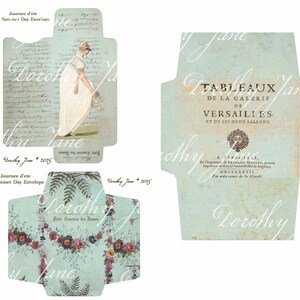 May include: Set of vintage-style paper envelopes with a light blue background and floral and script designs. One envelope features a woman in a white dress. Text includes "Journee d'ete Summer Day Envelope" and "Dorothy Jane 2025".