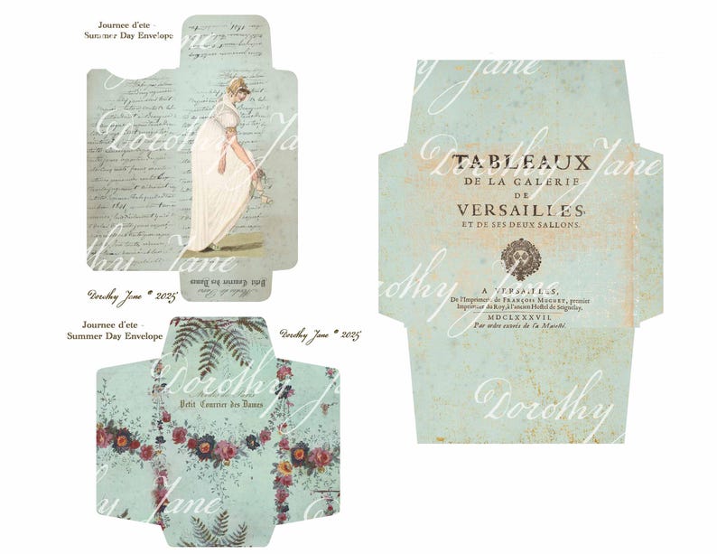 May include: Set of vintage-style paper envelopes with a light blue background and floral and script designs. One envelope features a woman in a white dress. Text includes "Journee d'ete Summer Day Envelope" and "Dorothy Jane 2025".