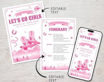 Könnte beinhalten: Eine rosa und weiße druckbare Junggesellinnenabschiedseinladung mit Western-Thema. Die Einladung zeigt ein Paar rosa Cowboystiefel, ein Hufeisen, eine Schlange und Sterne. Der Text auf der Einladung lautet "Let's Go Girls" und "Nashville - April 24-26".
