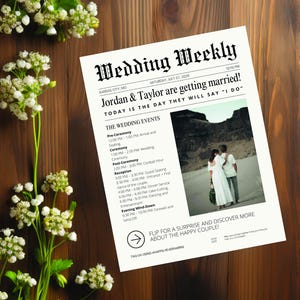 Pode incluir: Um anúncio de casamento em estilo jornal para Jordan & Taylor. O anúncio apresenta uma foto do casal e um cronograma dos eventos do casamento, incluindo a cerimônia, a recepção e o encerramento da noite. O texto "Wedding Weekly" está no topo do anúncio, e o texto "The @athery" está na parte inferior.