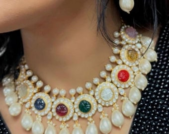 Navratan Necklace Set/Kundan Necklace Set/Tika Set/weddings  set/Wedding Set/Pakistani Bridal Jewelry/Carved Stones/Polki Diamond/Pearl Drop