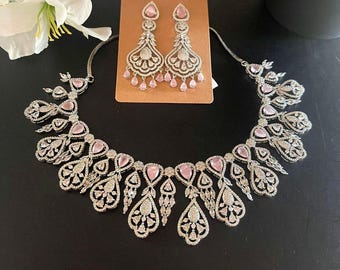 Silver Diamond Necklace Set/Pink Moonstones Statement Necklace Set/American Diamond Set/Indian Cocktail Jewelry Set/Pink Silver Diamond Set/