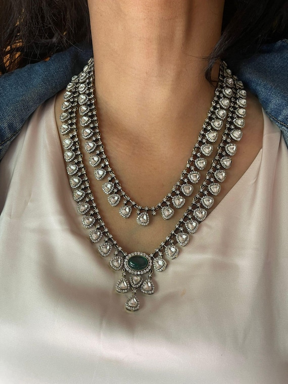 kundan Necklace Set,Victorian Necklace Set,Layered Necklace Set,Emerald Green Stones Necklace Set,Moissanite Jewelry,Pakistani Necklace Set