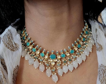 Feroza Beads Necklace Set/Turquoise Set/Paachi Kundan Set/Ahmedabad kundan/Indian Wedding Jewelry/Indian Kundan Jewelry/Pakistani Jewelry