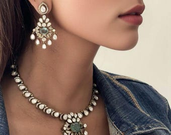 Moissanite Kundan  Necklace Set,Aqua Blue Stones Kundan Necklace Set,Designer Kundan Necklace Set,Diamond Polki Necklace Set,Bridal Jewelry