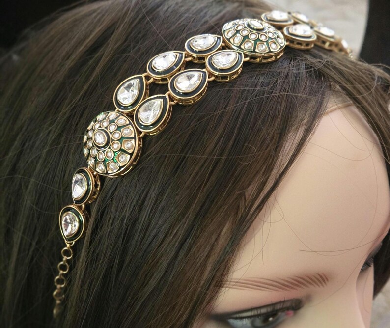Antique Gold Finish Kundan Emerald Green Head Band Jewelry/sheesh Phool