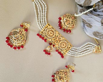Jadau Choker,Jadau Jewelry,Tika set,Extremely lightweight,Gold-Plated,Hyderabad jewelry,Punjabi jewelry,Pakistani Jewelry Set,Red Jewelry
