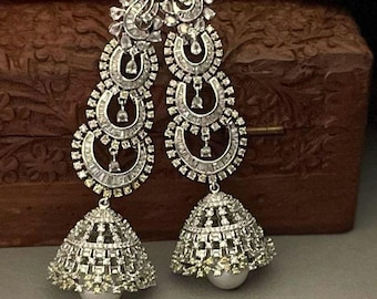 Long Silver Diamond Jhumki Earrings/Jhumkas/Layered Jhumkis/CZ Jhumkis/Pakistani Jewelry/Bollywood Earrings/Cocktail Earrings/Indian Jhumkis