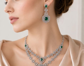 Stunning Diamond Set,Reception Jewelry,Bollywood Necklace Set,Indian Bridal Jewelry,Cocktail Jewelry,Indian Wedding Jewelry,Green Diamond