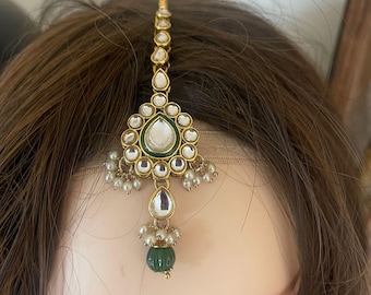 Gold Plated Kundan Tika/Small Maang Tika/Head Piece/Jaipur Jewelry/Indian Forehead jewelry/Pakistani Jewelry/Wedding Jewelry/Emerald Green