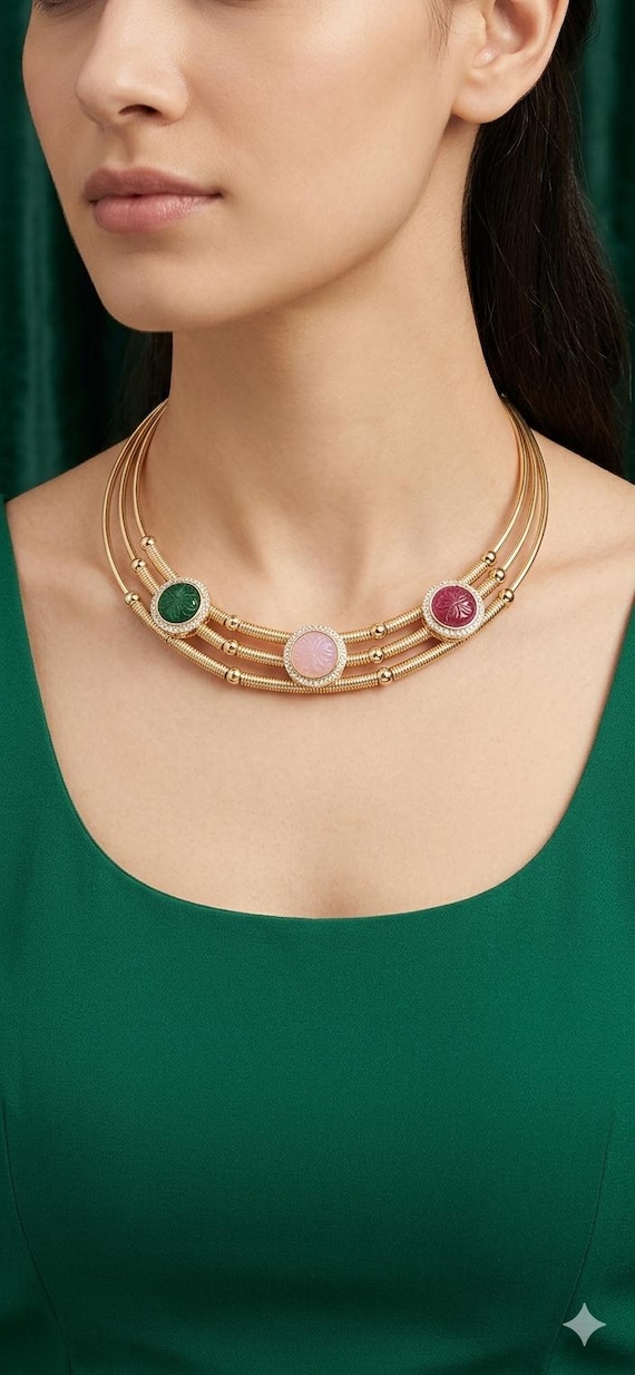 contemporary Necklace,Gold Triple Wire Necklace with Carved Gemstones,Green,Pink,Wine Stone Collar Necklace,Lightweight Statement Necklace