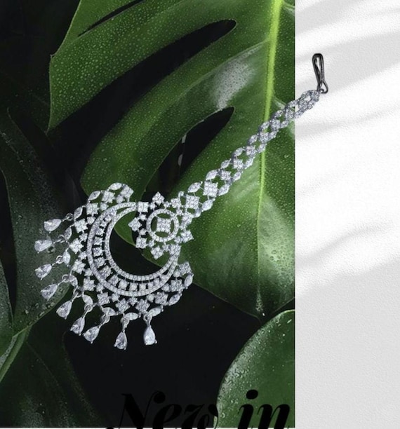 White Stone Tika ,bridal Side Jhoomar,chandbali Style Headpiece