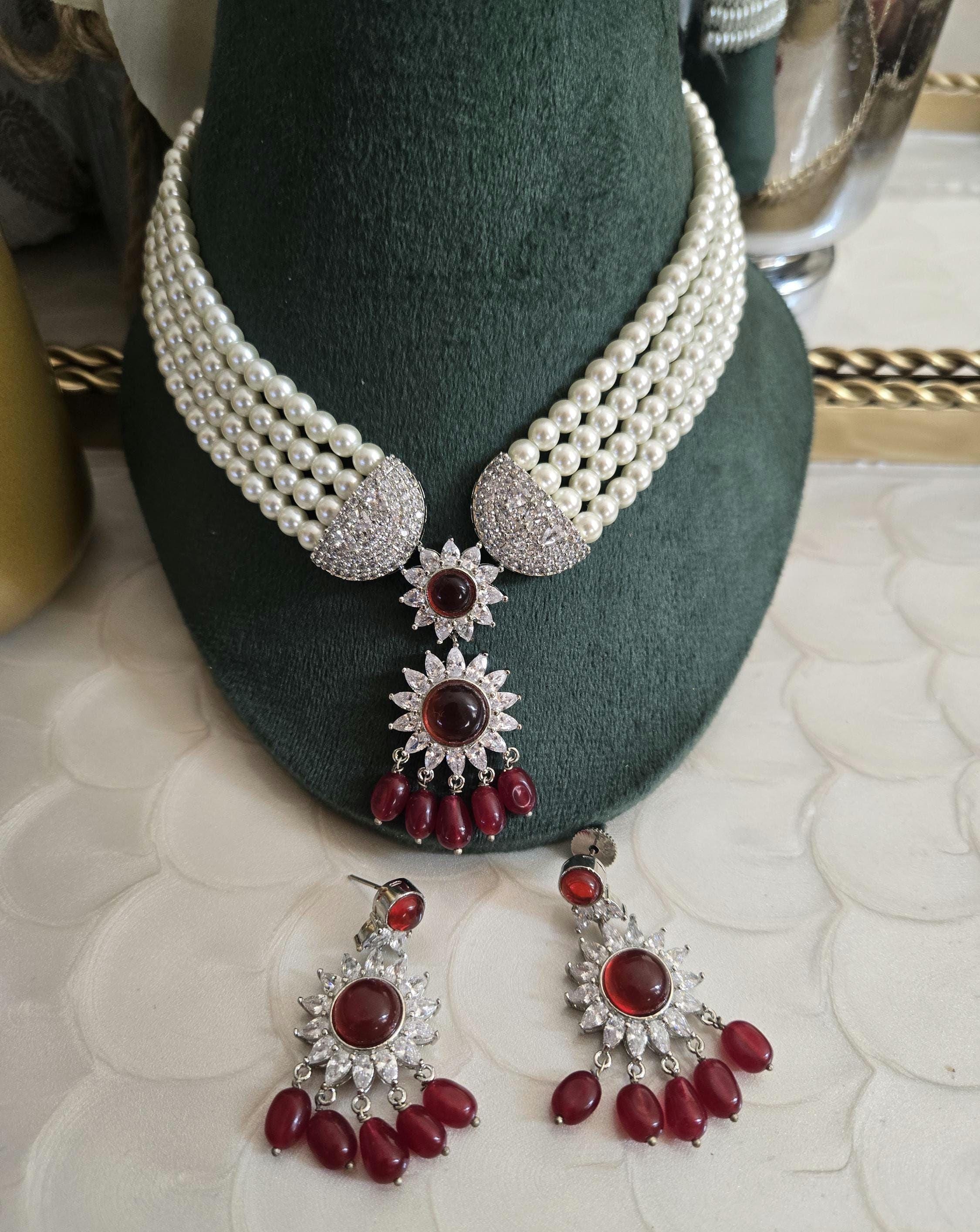 Pearl Strings Diamond Ruby Set With Tika/delicate Tika Necklace Set ...