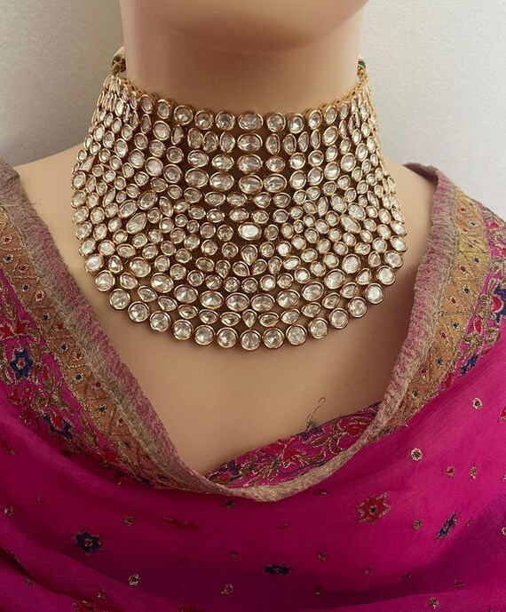 Moissanite Polki Necklace Set/Kundan Jewelry/Antique Gold Necklace Set/Pakistani Bridal Jewelry Set/Indian Wedding Necklace Set,Bridal Set