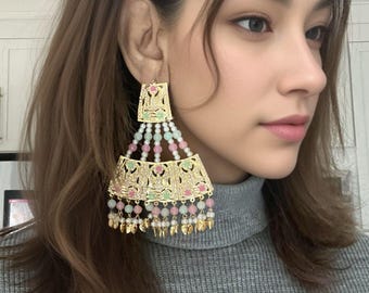 Royale pink Jadau Earrings/Large Earring/Extremely light Weight Earrings/Hyderabad Earrings/Punjabi Bridal Earrings/Pakistani Earrings,Hook