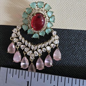 Ruby Mint Green Statement Earring,Victorian Diamond Chandbali Earring,Pink Drop Earring,CZ Bridal Earring,Indian Wedding Jewelry,Designer image 15