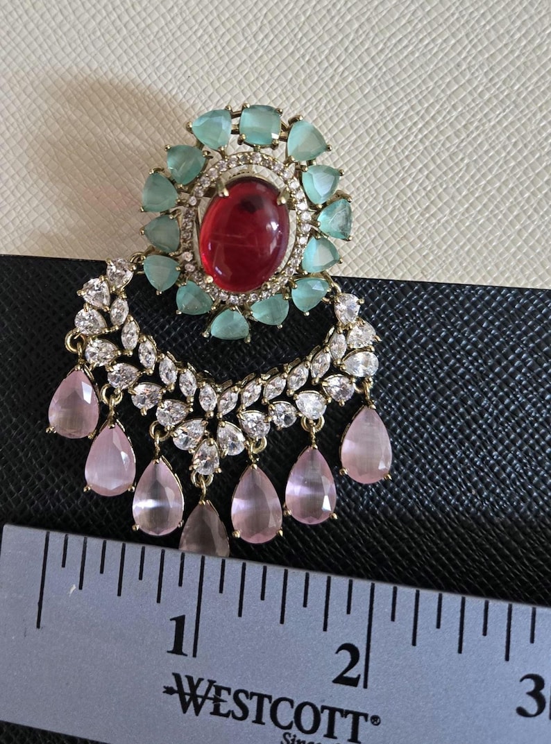 Ruby Mint Green Statement Earring,Victorian Diamond Chandbali Earring,Pink Drop Earring,CZ Bridal Earring,Indian Wedding Jewelry,Designer image 15