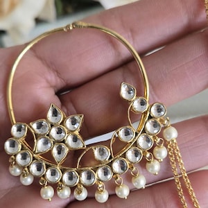 Gold Plated Kundan Bridal Nath,Gold Press-On Nose Ring, Indian Jewelry,Kundan Bridal Nose Rinv,No Piercing NoseRing,Indian Wedding Nose ring