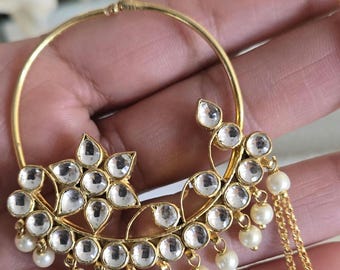 Gold Plated Kundan Bridal Nath,Gold Press-On Nose Ring, Indian Jewelry,Kundan Bridal Nose Rinv,No Piercing NoseRing,Indian Wedding Nose ring