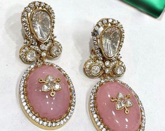 Fusion Earrings/Moissanite Pink Earrings/Diamonds Moissanite Earrings/Indian Wedding Jewelry/Pakistani Earrings/Indian Earrings/Gold Plated