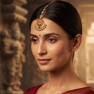 May include: A gold maang tikka headpiece featuring a central circular pendant with a deity motif, accented by small red and green stones, suspended from a delicate gold chain that rests along the center part of the hair, worn with a maroon sari.