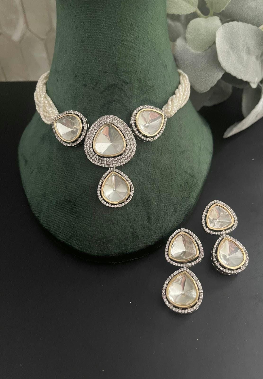 Uncut polki Set,Victorian Necklace Set,Diamond Polki Necklace Set, Pearl strings,Bollywood Jewelry,Indian Reception  Jewelry,Silver Tone