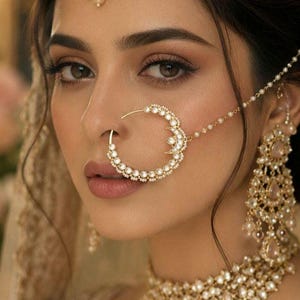May include: Close-up of a woman wearing ornate gold jewelry. A crescent-shaped nose ring is adorned with pearls and crystals. Matching earrings and a necklace complete the set. A small headpiece is also visible.