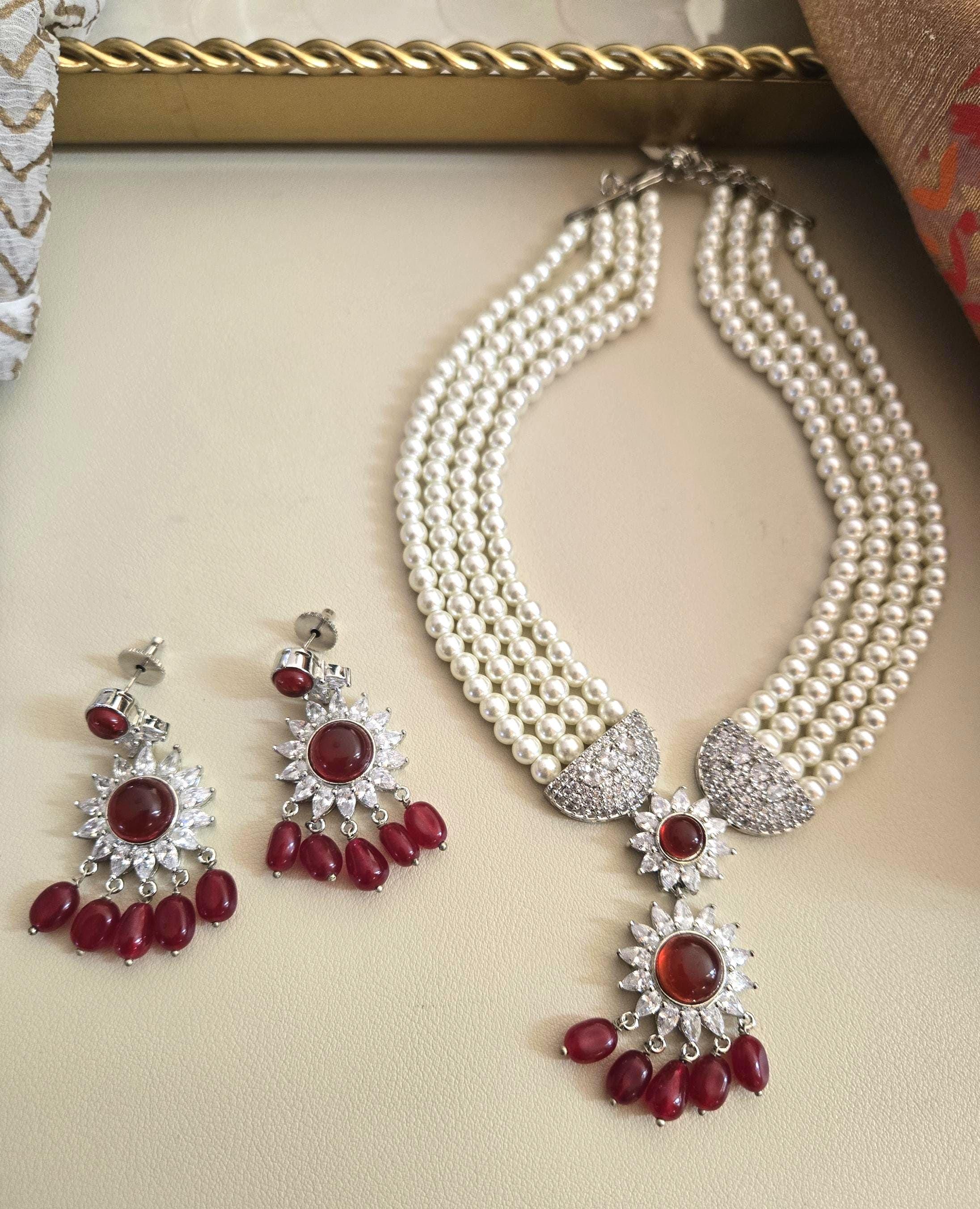 Pearl Strings Diamond Ruby Set With Tika/delicate Tika Necklace Set ...