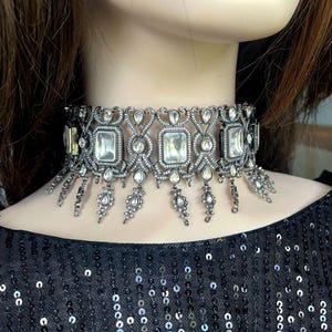 Victorian Choker Set,Kundan Choker,Black Rhodium Polish,CZ Set,Pakistani Wedding jewelry,Indian Bridal Set,Designer Choker Set,Silver Choker