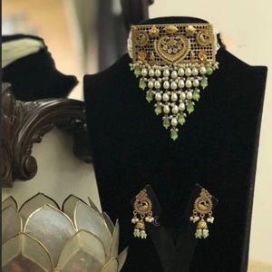 Gold Choker Set,Kundan Choker Set,Pearl Set,Statement Choker Set,Choker Set,Indian Wedding Set,Pakistani Bridal Set,Bollywood Set,Mint Green