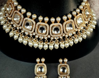 Conjunto de collar de polki sin cortar, conjunto de collar de Kundan, conjunto de gargantilla de perlas, conjunto de gargantilla, joyería de boda india, joyería nupcial paquistaní, joyería de Bollywood