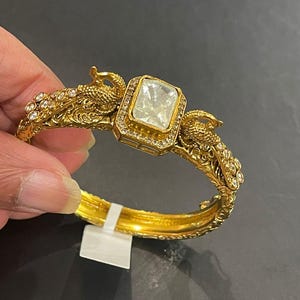 Gold Plated Openable Polki Bracelet,Kundan Bracelet,Gold kada,Bangle,Designer Polki Openable Bracelet with Diamond Accents,Peacock Bracelet