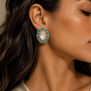 Blue Kundan Stud Earring,Mirror Work Earrings,Boho Statement Studs,Kundan Earrings,Antique Gold Earrings,Ethnic Studs,Uncut Polki Studs,Stud