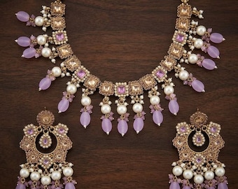 Antique Gold Plated Lavender Kundan Necklace Set Pearl Drop Bridal Jewelry,Indian Wedding Jewelry Set, Traditional Earring & Maang Tika Set