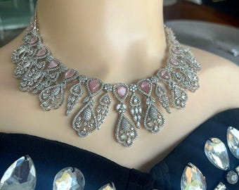 Silver Diamond Necklace Set,Pink Diamond Necklace Set,CZ Necklace Set,American Diamond Set,Indian Cocktail Jewelry,Pakistani Wedding jewelry