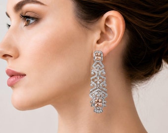 Designer Champagne Crystal Long Dangle Earring,Silver Statement Bridal Tika,Art Deco Inspired Wedding Jewelry,Cubic Zirconia Drop Earring